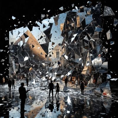 The primary subject of the image is a group of people standing in a large, open space. The setting appears to be a city, as there are buildings and a street visible in the background. The visual style of the image is a combination of photo and digital art, creating a unique and intriguing atmosphere. The colors in the image are predominantly black and white, with some shades of gray, giving the scene a somewhat dramatic and moody feel.
